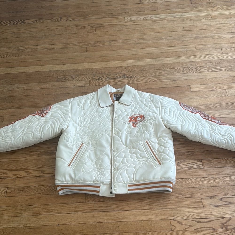 Burnt Orange and White Quilted Synthetic Leather Bomber Jacket with Ribbed Cuff